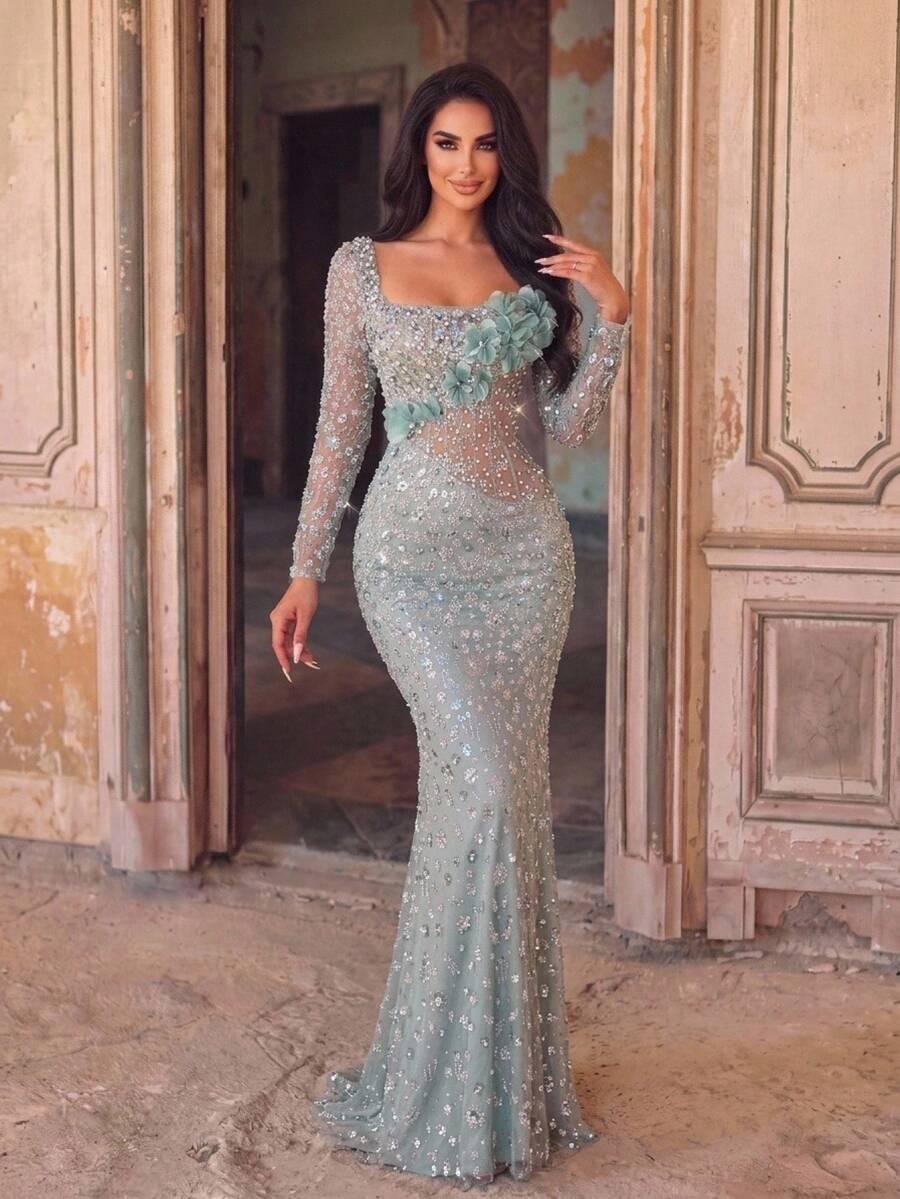 GLAMRAE ZIELONA MAXI SUKIENKA ZDOBIENIE S06__XS