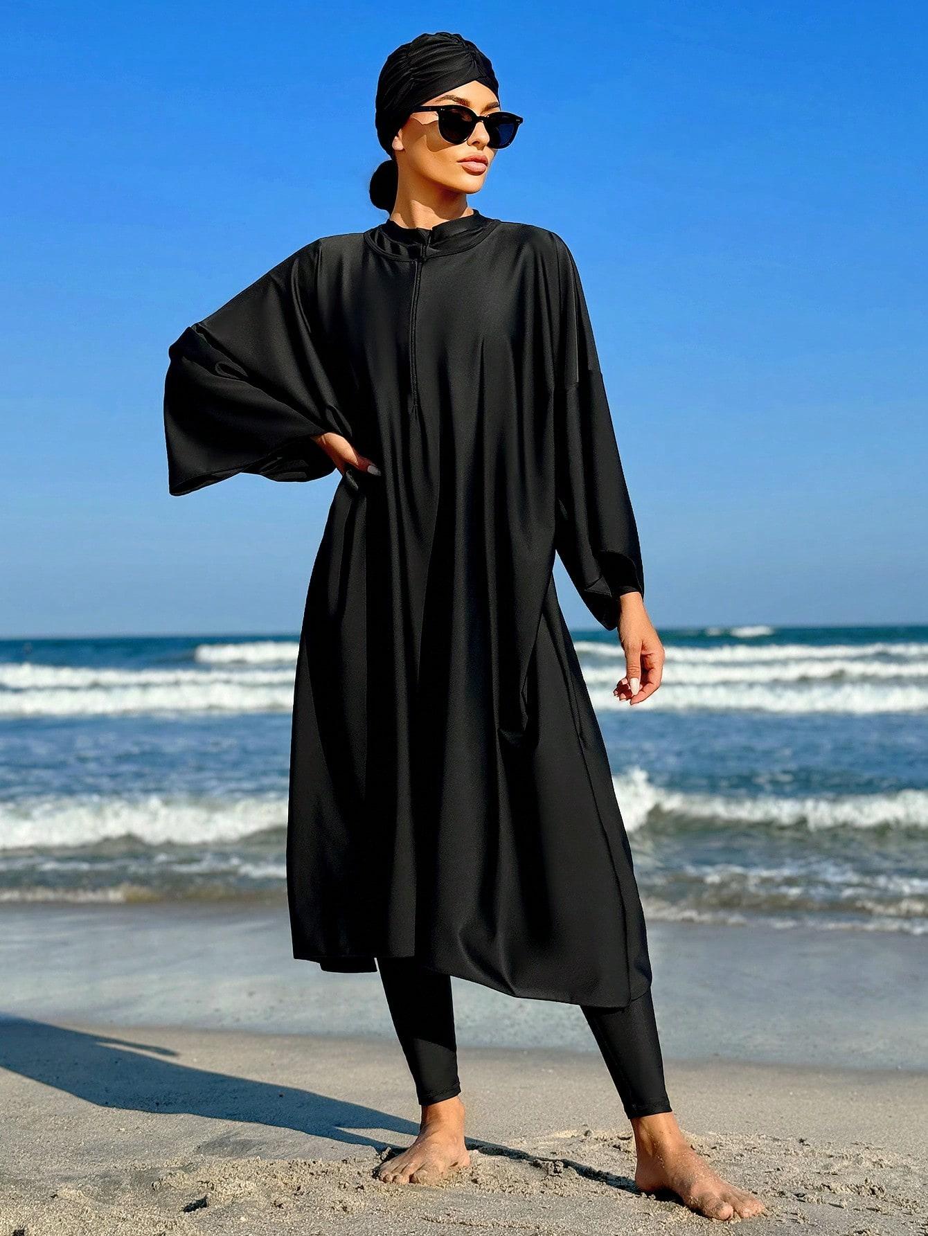 SHEIN CZARNY STRÓJ KĄPIELOWY KOMPLET KOMBINEZON TUNIKA CZEPEK S09__XL