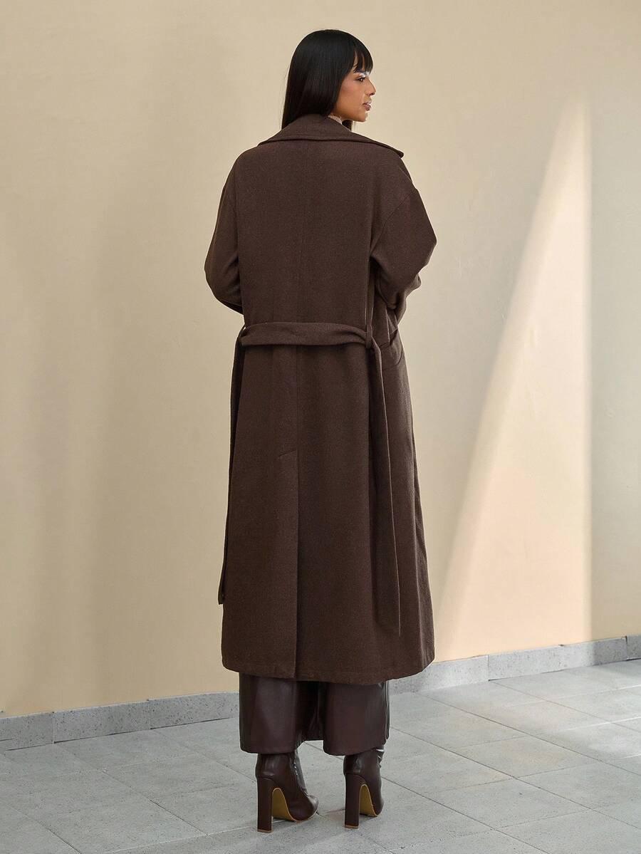 SHEIN BRĄZOWY KLASYCZNY PŁASZCZ W01__L