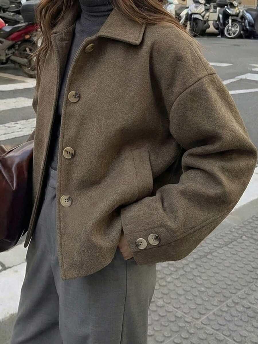 SHEIN BRĄZOWY PŁASZCZ GUZIKI W01__L