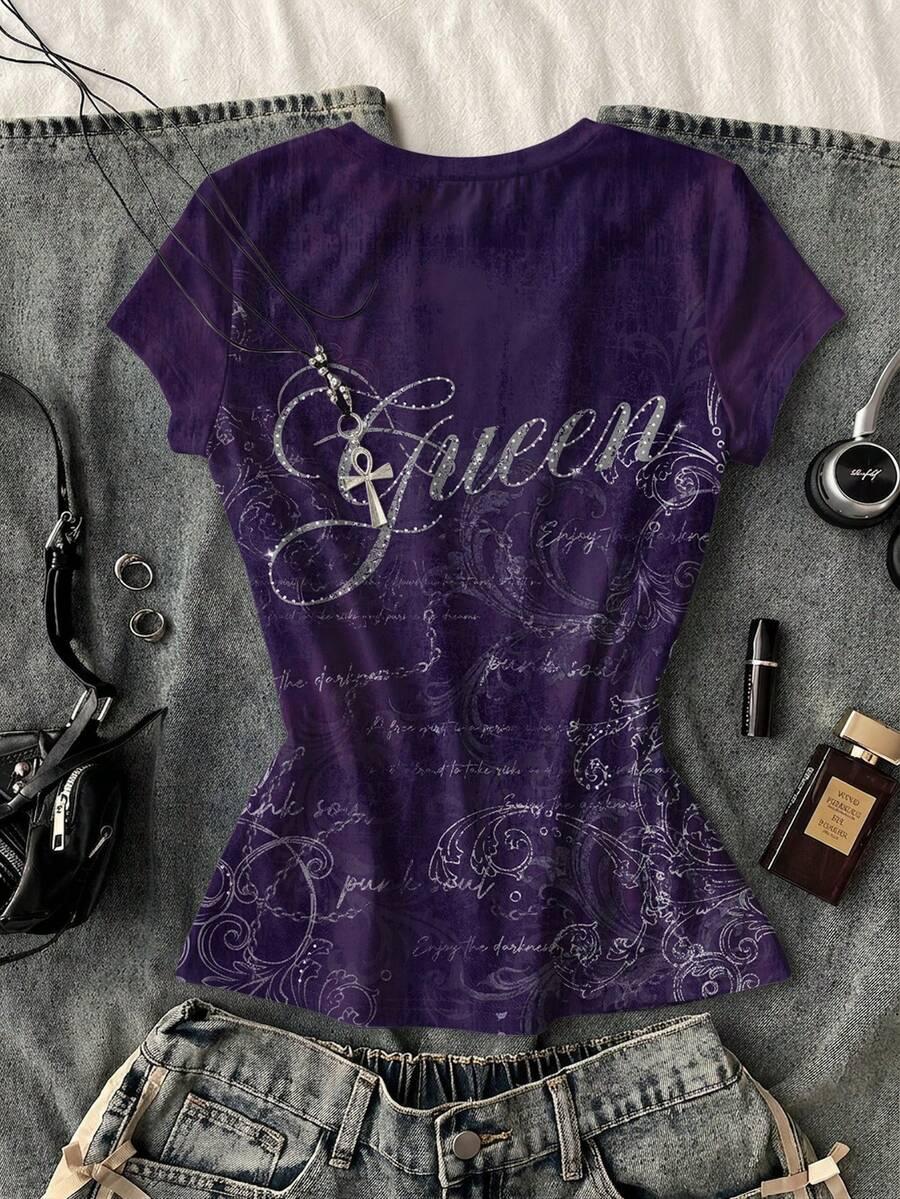 SHEIN FIOLETOWY T-SHIRT V-NECK S09__XS