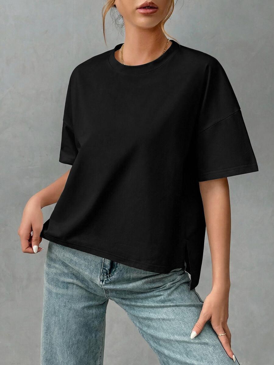 SHEIN KLASYCZNY CZARNY T-SHIRT OKRĄGŁY DEKOLT PK01__M