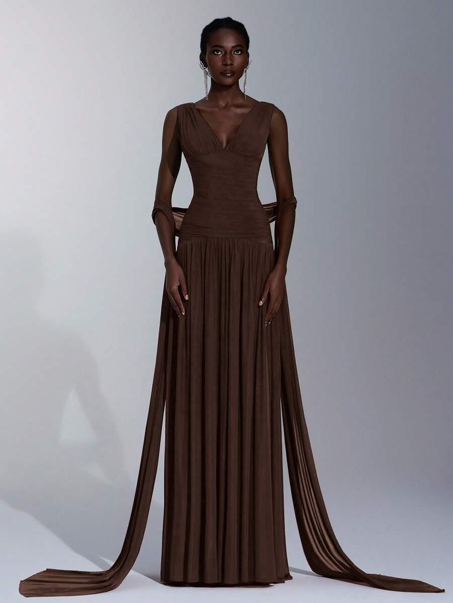 ELITARA BRĄZOWA MAXI SUKIENKA V-NECK S06__M