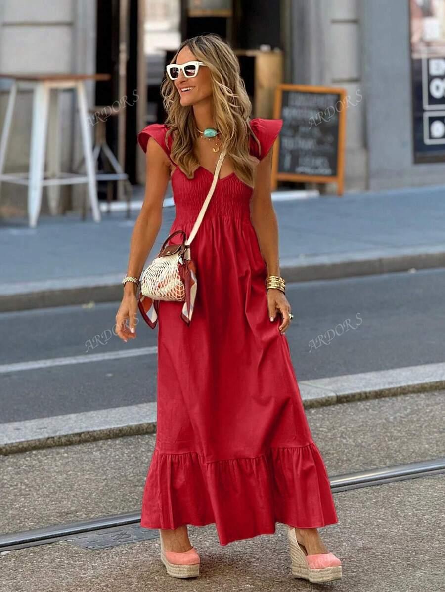 SHEIN CZERWONA MAXI SUKIENKA MARSZCZENIA S06__S