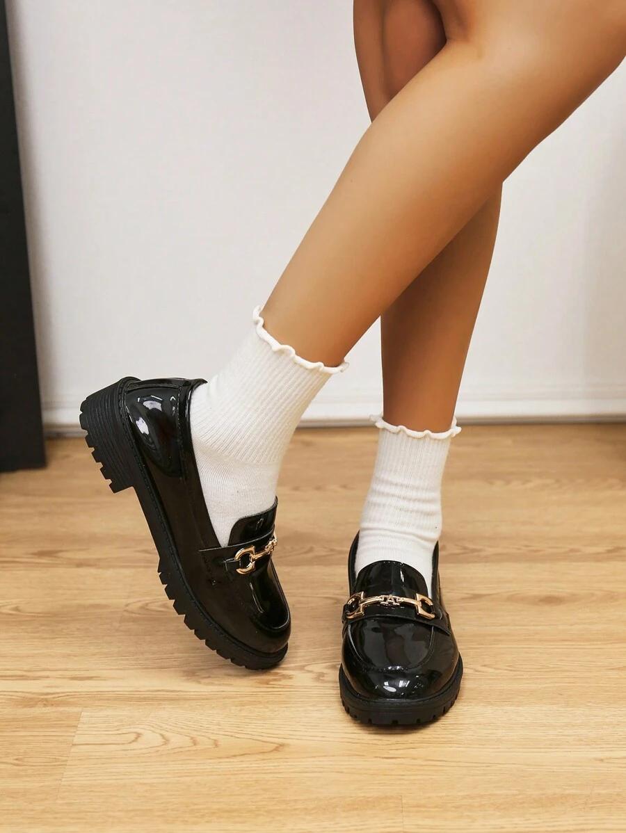 SHEIN CZARNE LAKIEROWANE MOKASYNY ZDOBIENIE S06__41