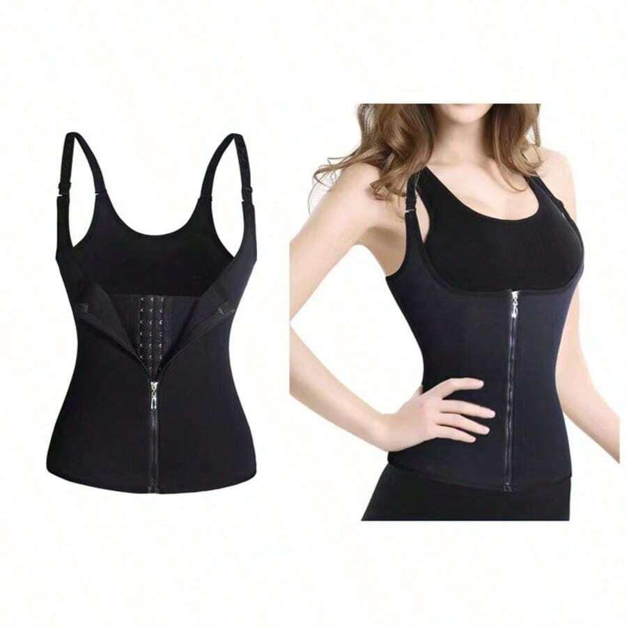 SHEIN CZARNY MODELUJĄCY KOMPRESYJNY TOP HAFTKI ZAMEK S06__L