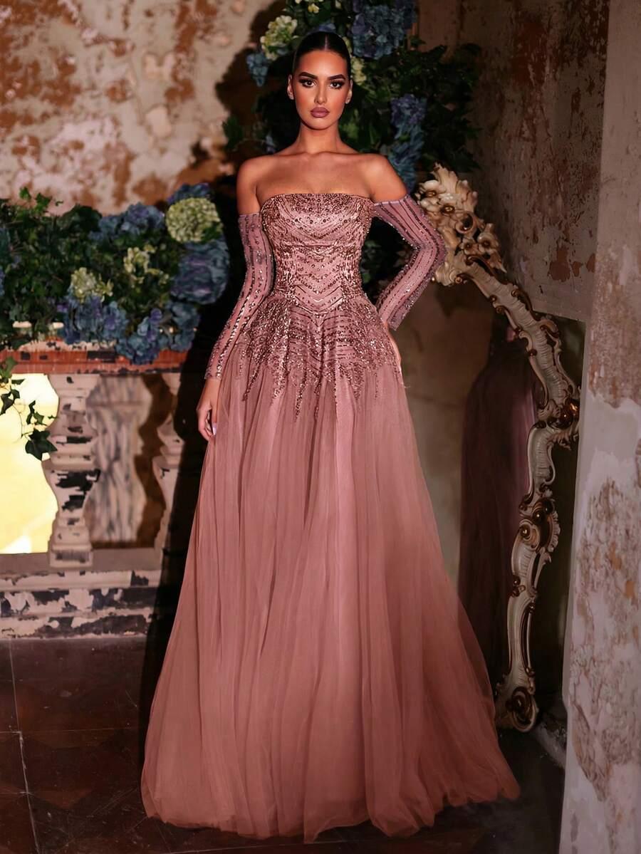GLAMRAE RÓŻOWA MAXI SUKIENKA ODKRYTE RAMIONA S06__S
