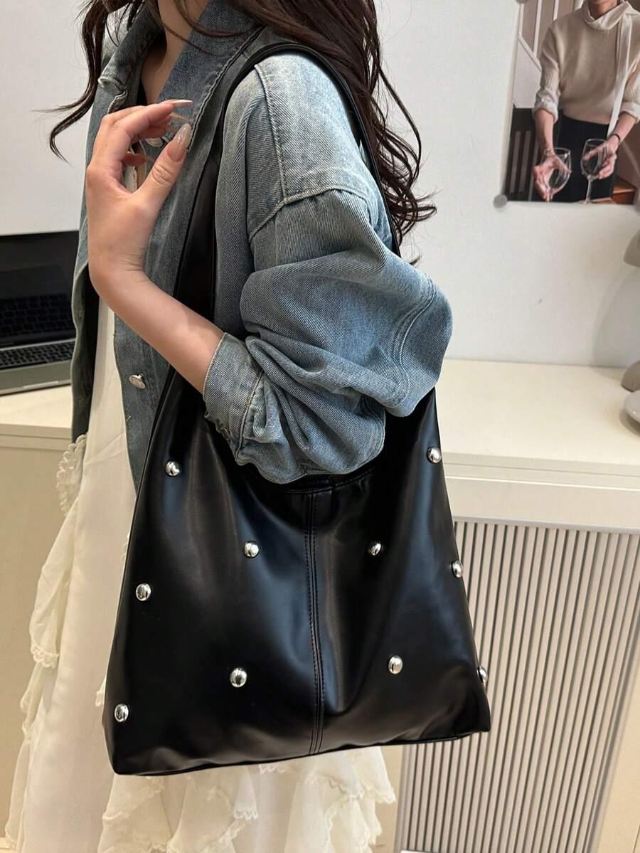 SHEIN CZARNA TORBA NA RAMIĘ ZDOBIENIE DŻETY S07__33,5X12,5X37CM