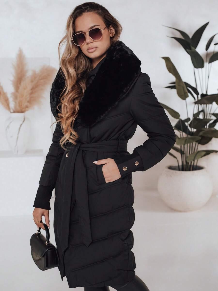 SHEIN CZARNA DŁUGA PIKOWANA KURTKA FUTERKO W01__L