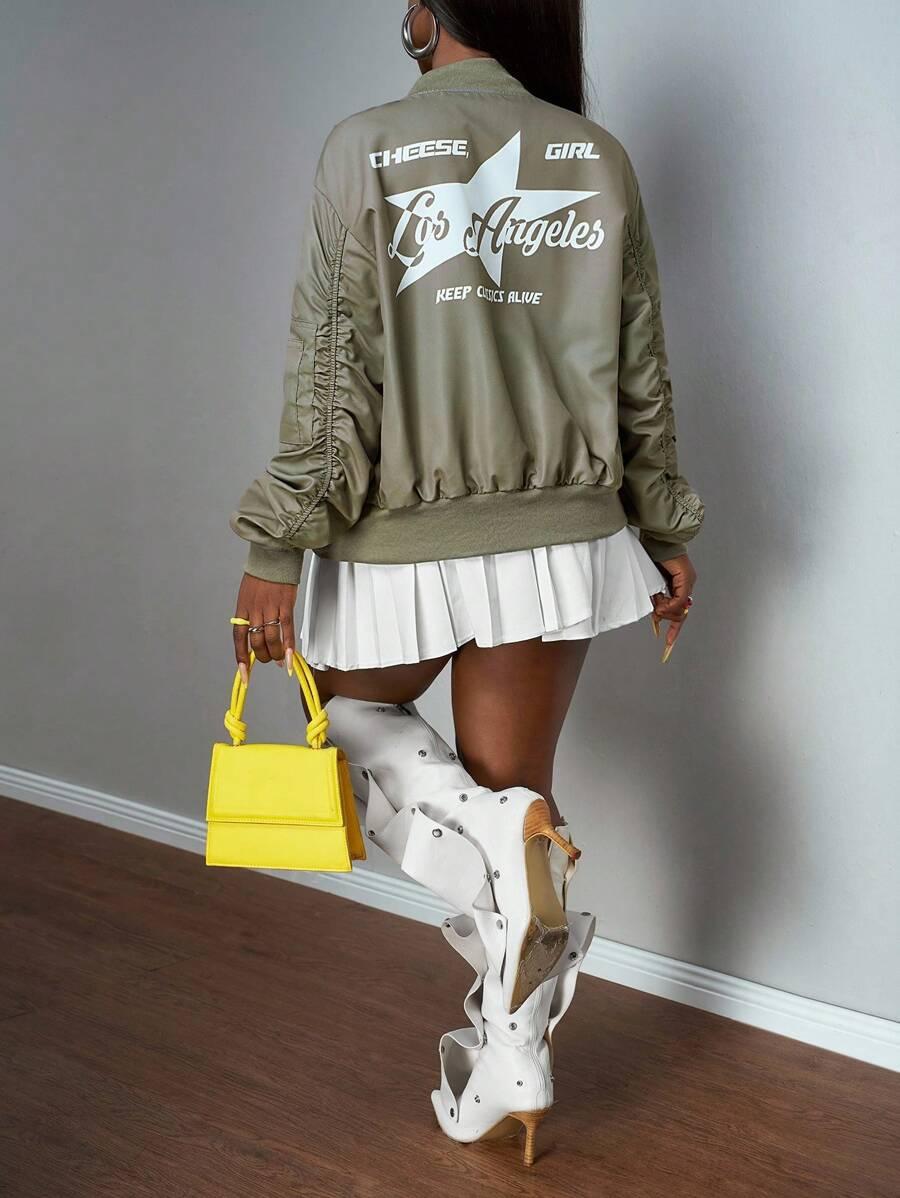 SHEIN ZIELONA KURTKA BOMBER NADRUK S06__L