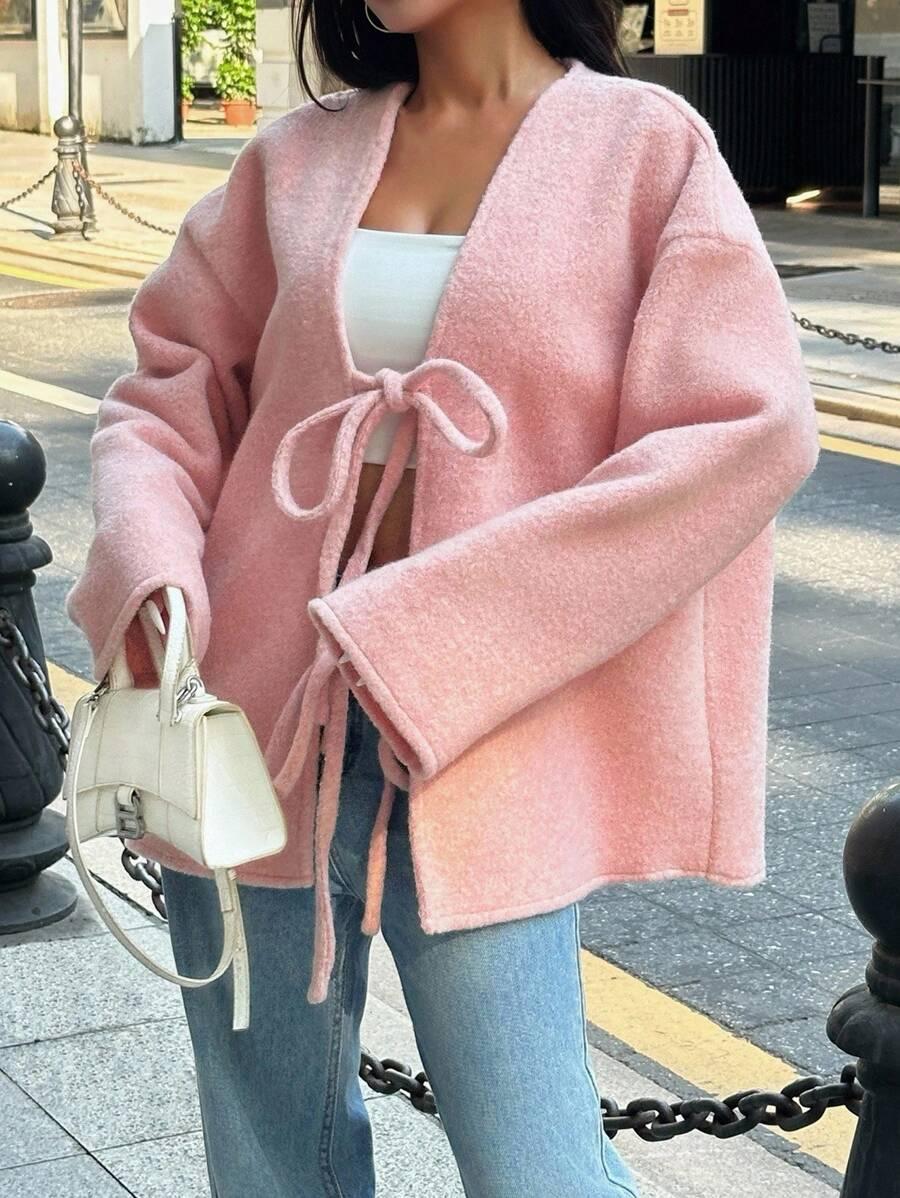 INAWLY RÓŻOWY SWETER WIĄZANIE S06__M