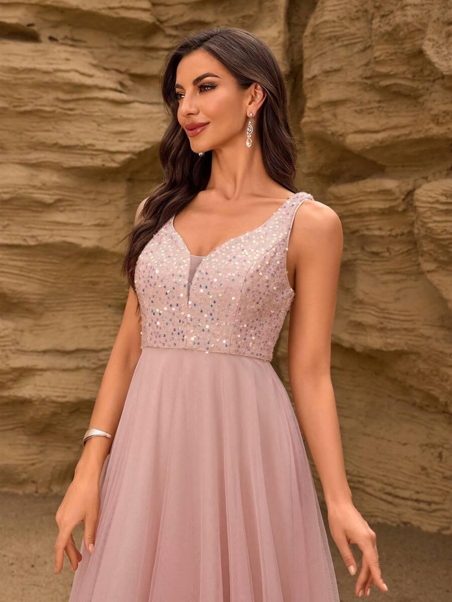 SHEIN RÓŻOWA MAXI SUKIENKA ZDOBIENIE TIUL S06__M