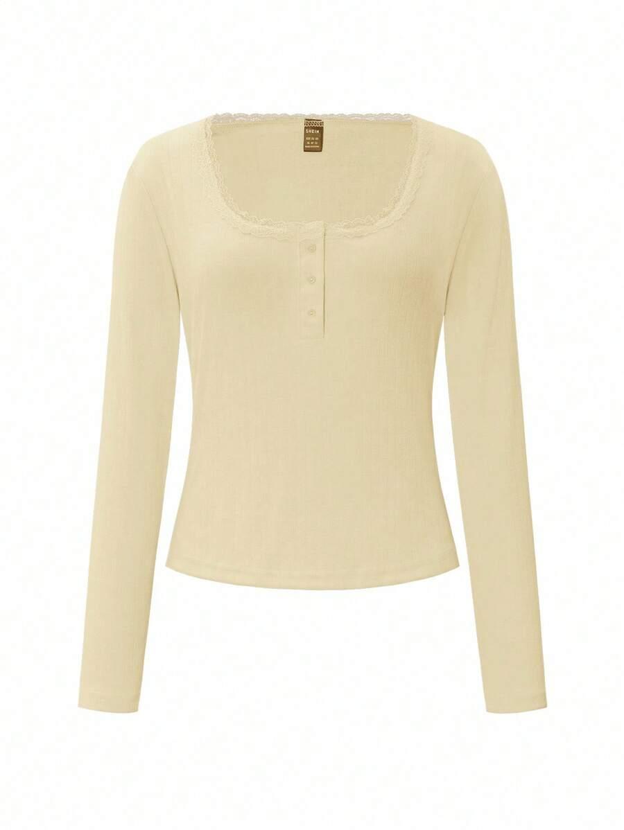 SHEIN ŻÓŁTY TOP DŁUGI RĘKAW KORONKA S06__M