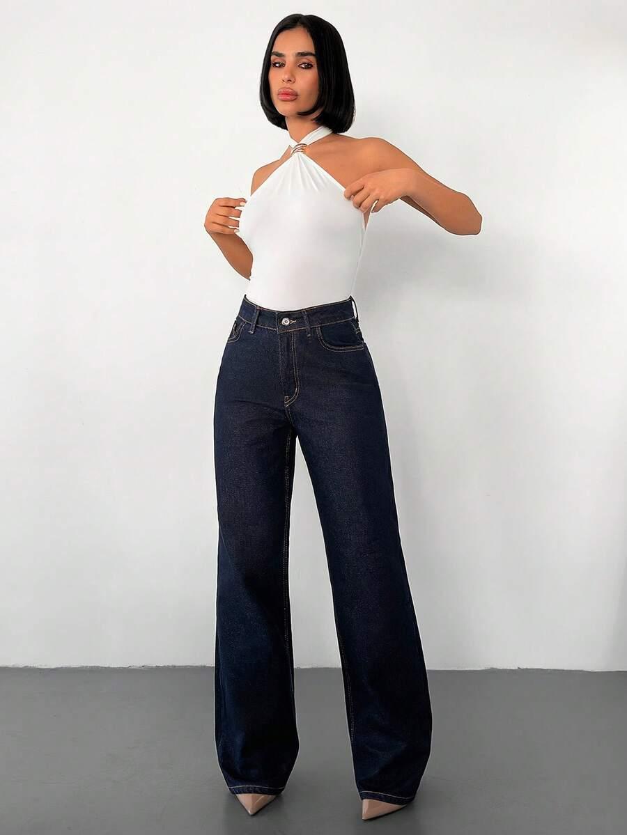 SHEIN SPODNIE JEANS PROSTA NOGAWKA WYSOKI STAN S06__L