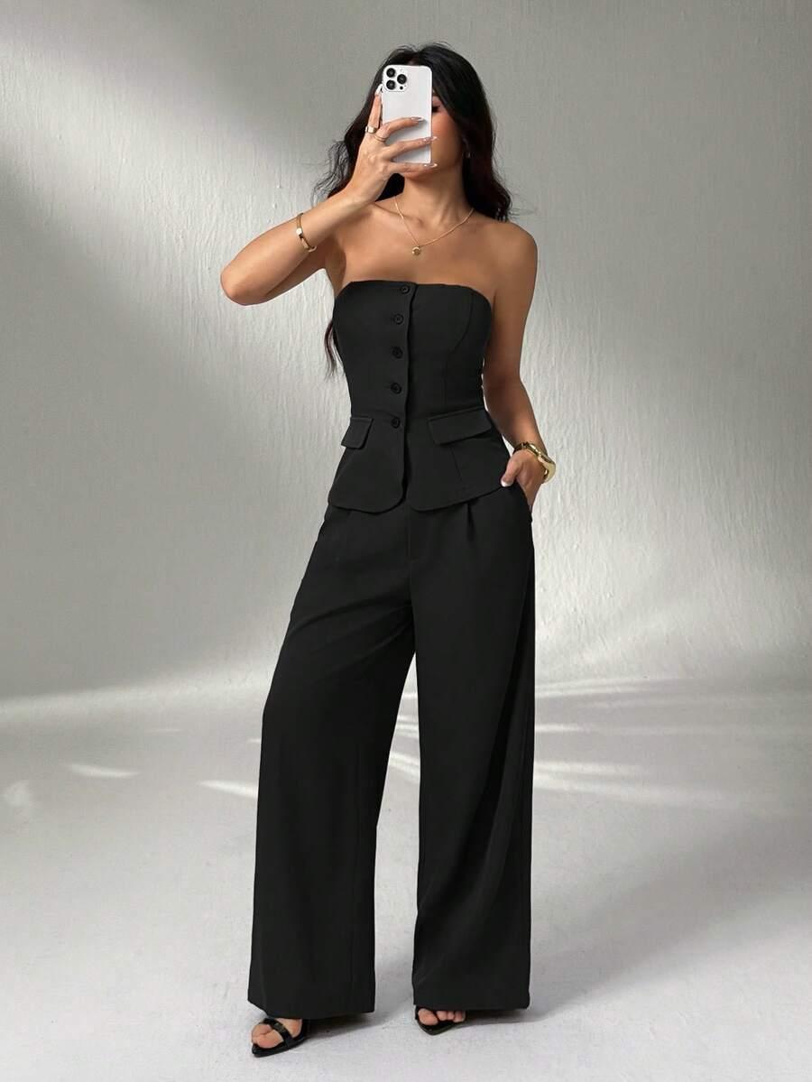 SHEIN CZARNY KOMPLET TOP SPODNIE S06__L