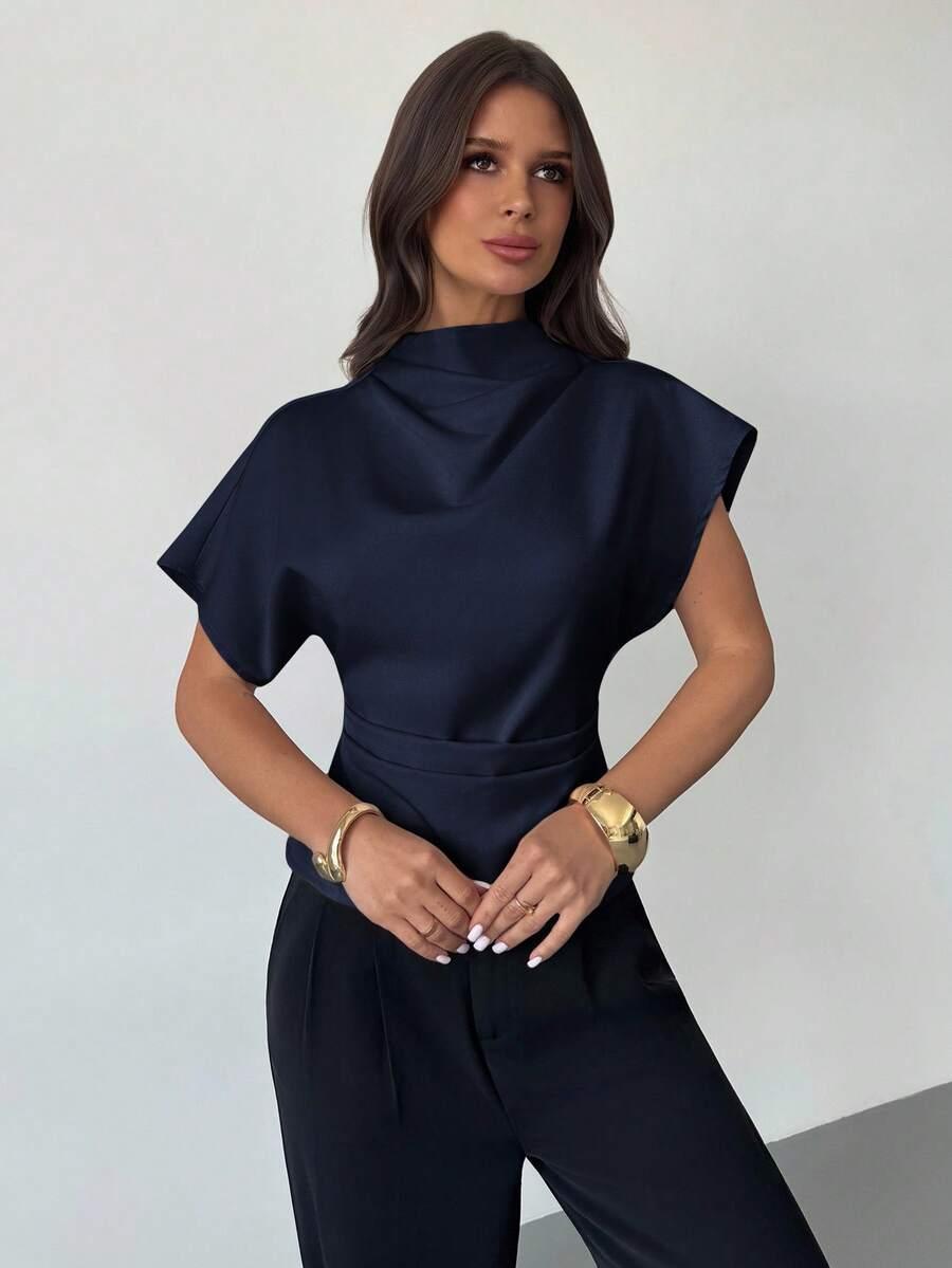SHEIN GRANATOWA BLUZKA Z KRÓTKIM RĘKAWEM S06__L