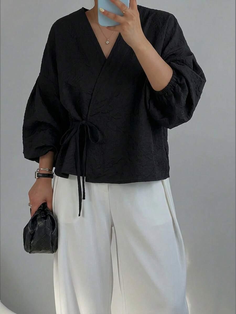 SHEIN CZARNA BLUZKA WIĄZANIE S06__L