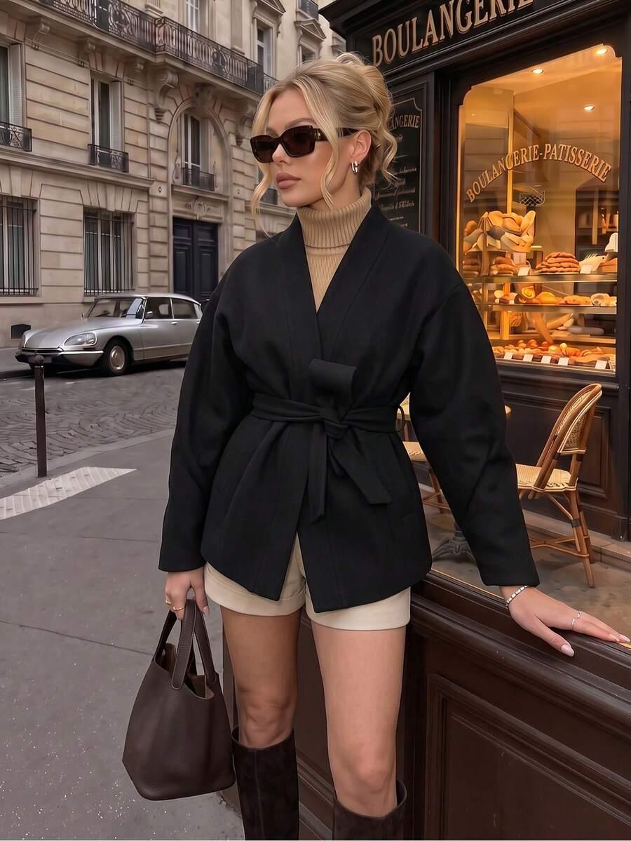SHEIN CZARNY KRÓTKI PŁASZCZ W01__M