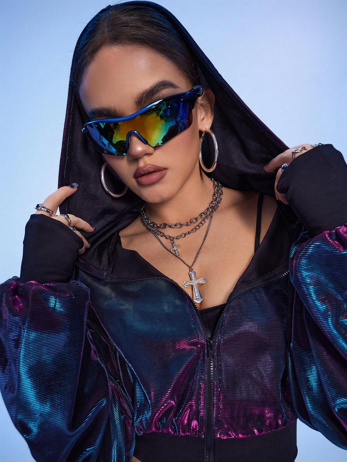 SHEIN CZARNA BLUZA KAPTUR POŁYSK S06__L