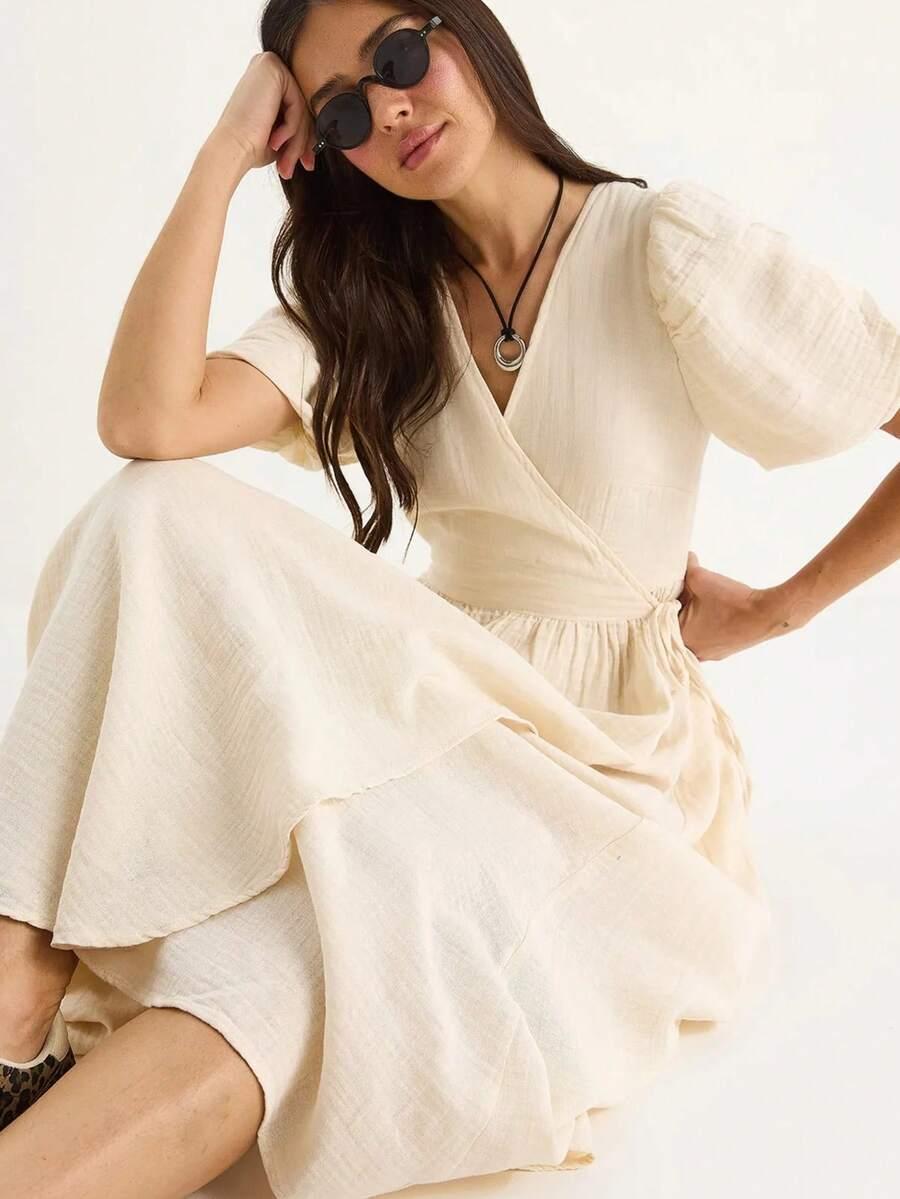 SHEIN BEŻOWA SUKIENKA KRÓTKI RĘKAW S06__M