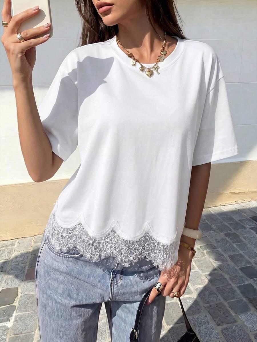 SHEIN BIAŁA BLUZKA KRÓTKI RĘKAW KORONKA S06__XS