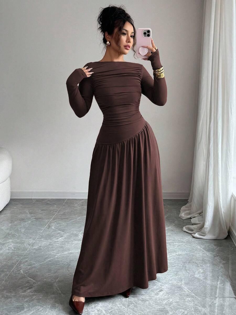 SHEIN BRĄZOWA MAXI SUKIENKA S06__S