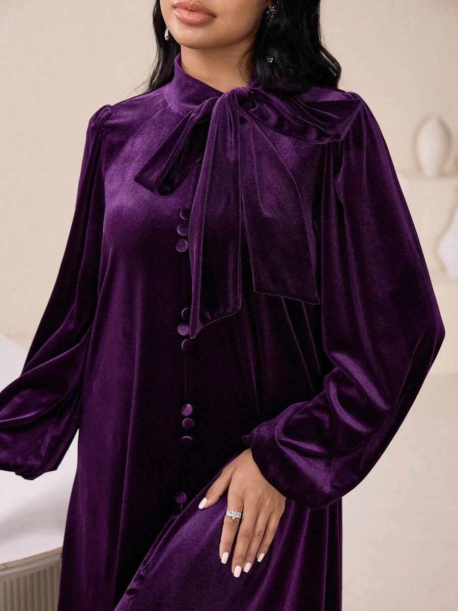 SHEIN WELUROWA MAXI SUKIENKA WIĄZANIE DŁUGI RĘKAW S06__L