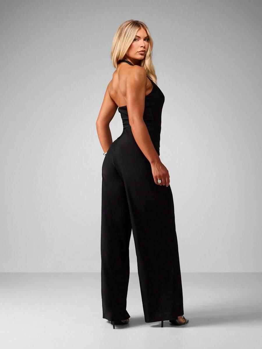 MISSGUIDED CZARNY KOMBINEZON SZEROKIE NOGAWKI S06__S