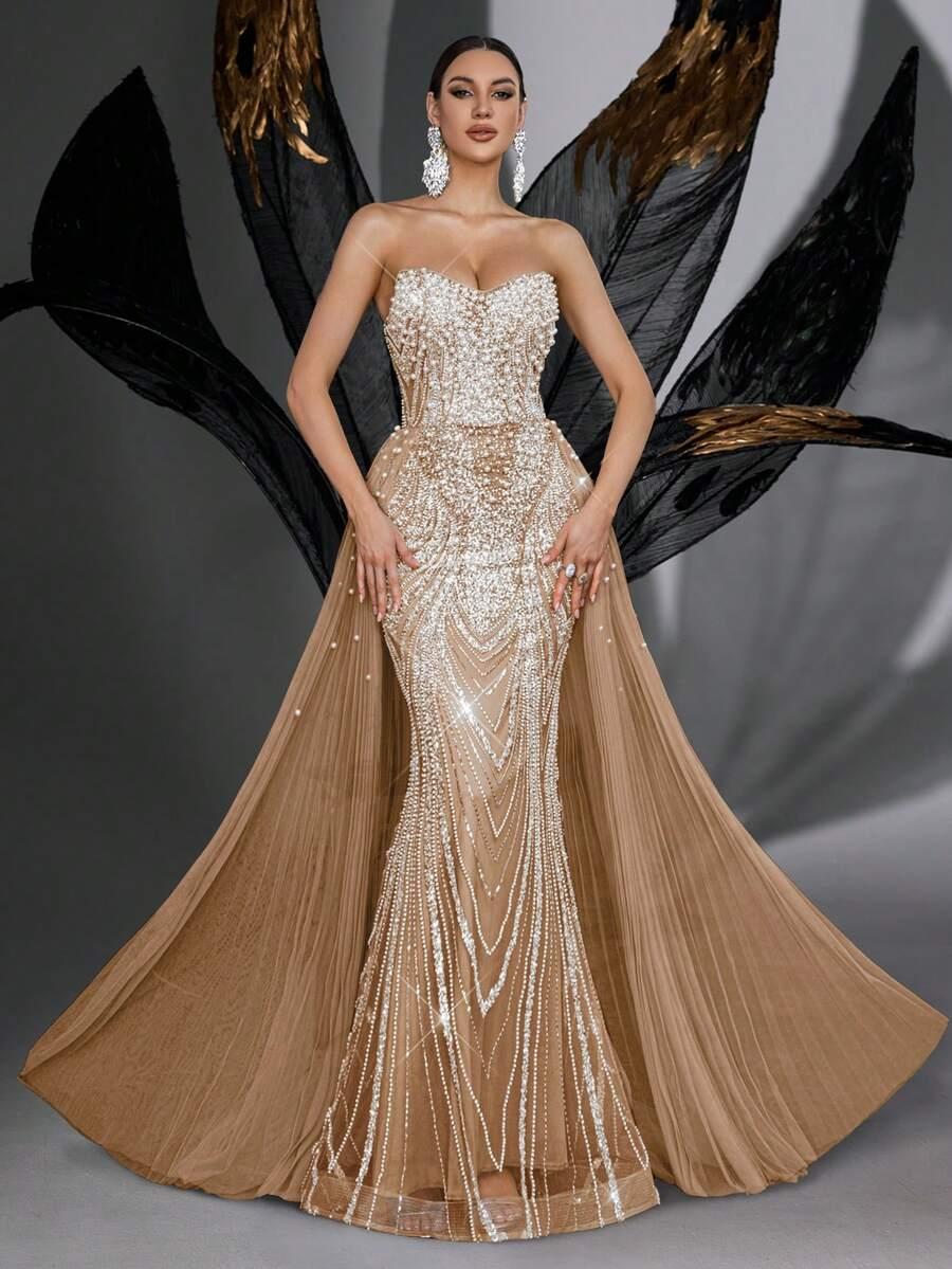 SHEIN BEŻOWA MAXI SUKIENKA ZDOBIENIE S06__XL