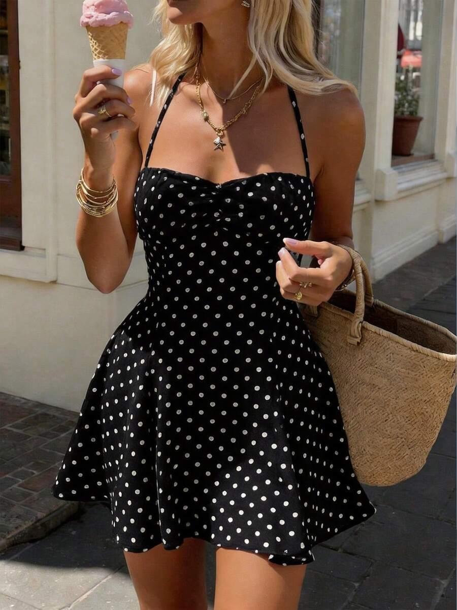 SHEIN CZARNA MINI SUKIENKA NA RAMIĄCZKACH GROSZKI S09__XL