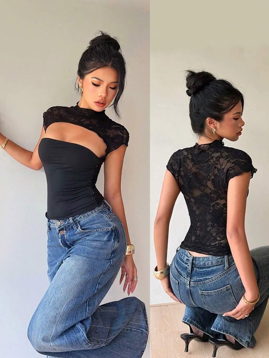 SHEIN CZARNY TOP KORONKA S06__S