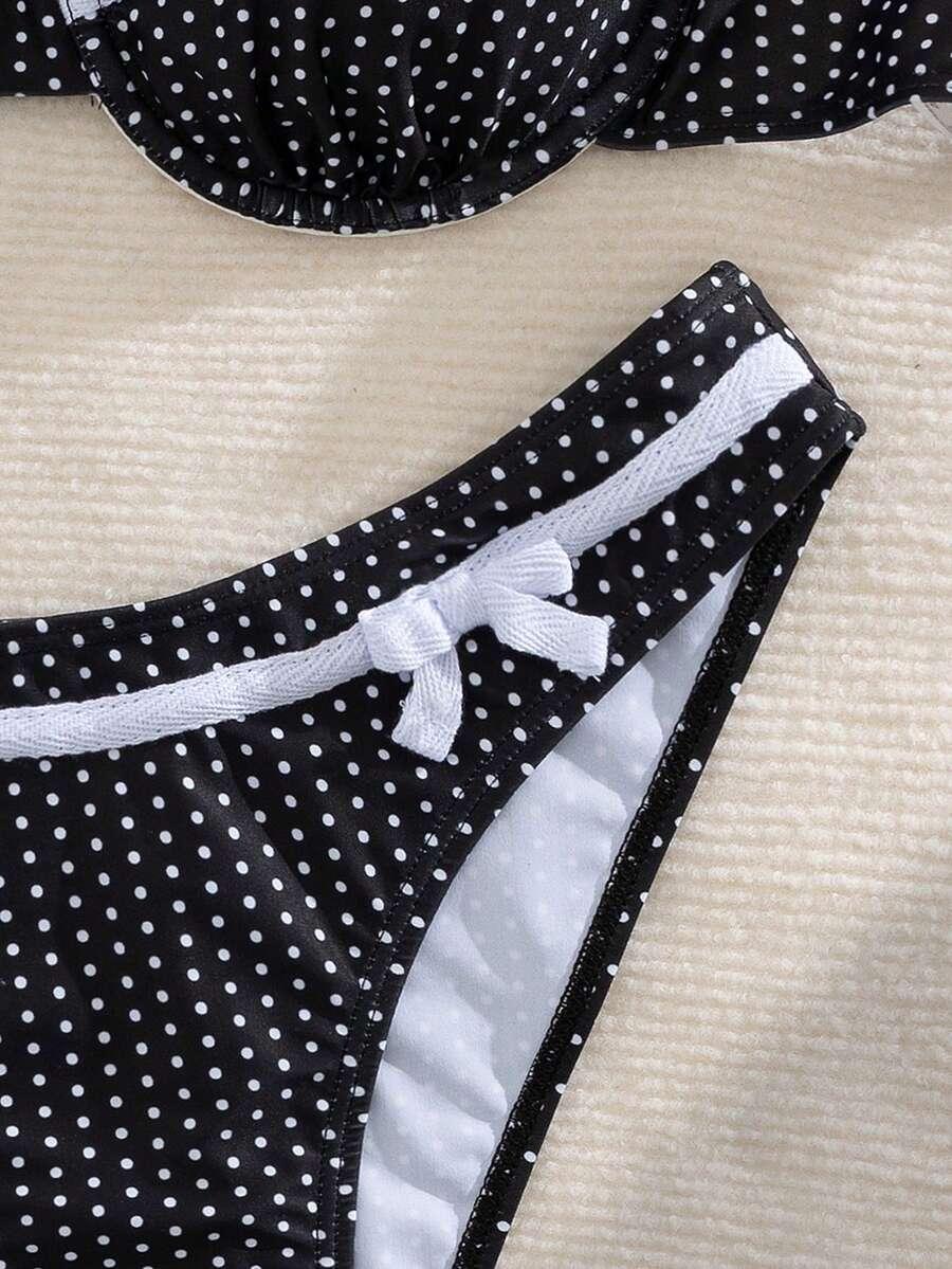 SHEIN CZARNY DWUCZĘŚCIOWY STRÓJ KĄPIELOWY GROSZKI KOKARDA S09__XS