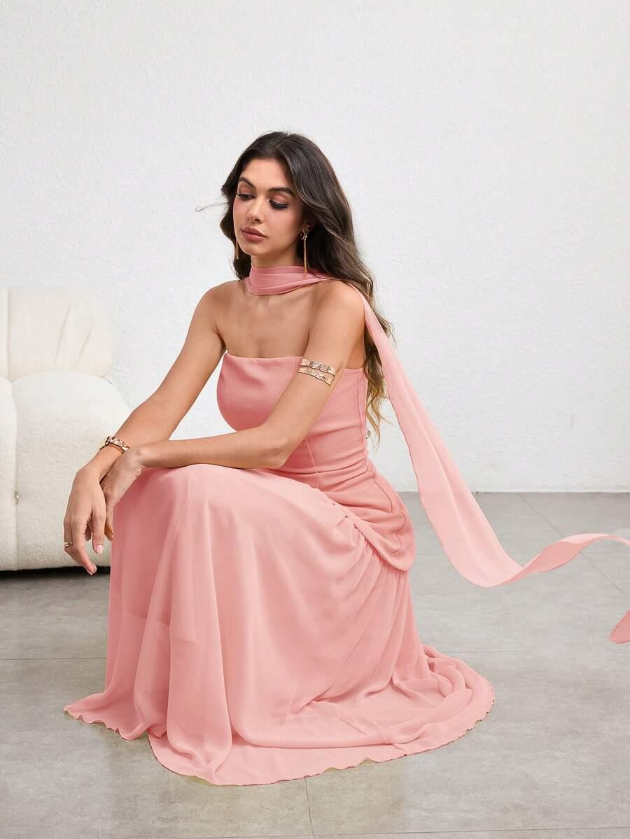 MODELYN RÓŻOWA MAXI SUKIENKA Z SZALEM S06__L