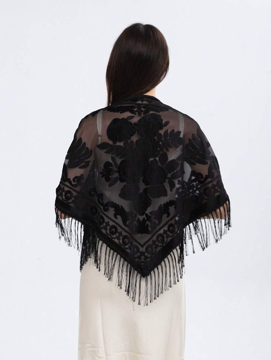SHEIN CZARNA CHUSTA FRĘDZLE S07