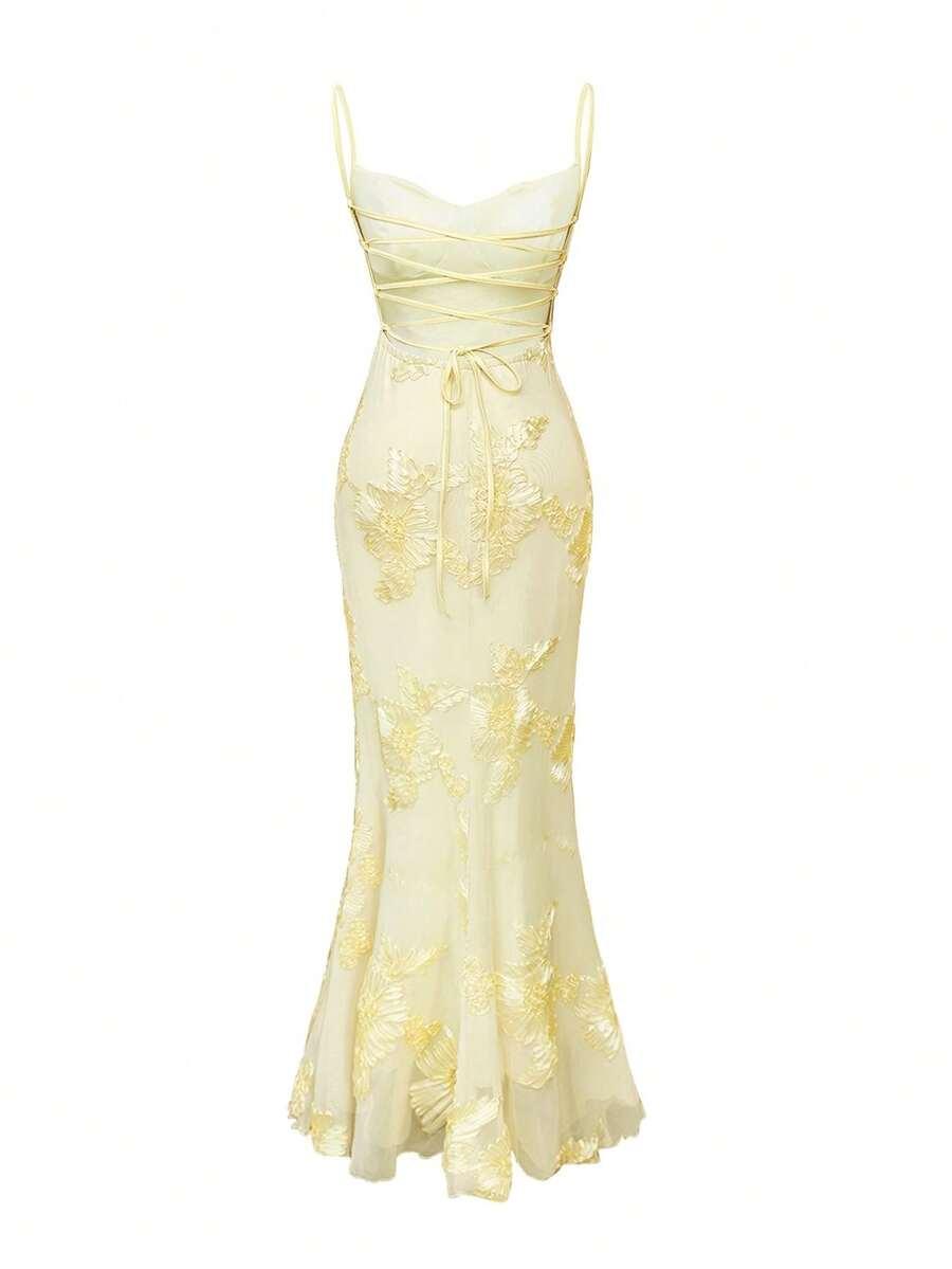 SHEIN ŻÓŁTA MAXI SUKIENKA ODKRYTE PLECY KWIATY 3D S06__XL