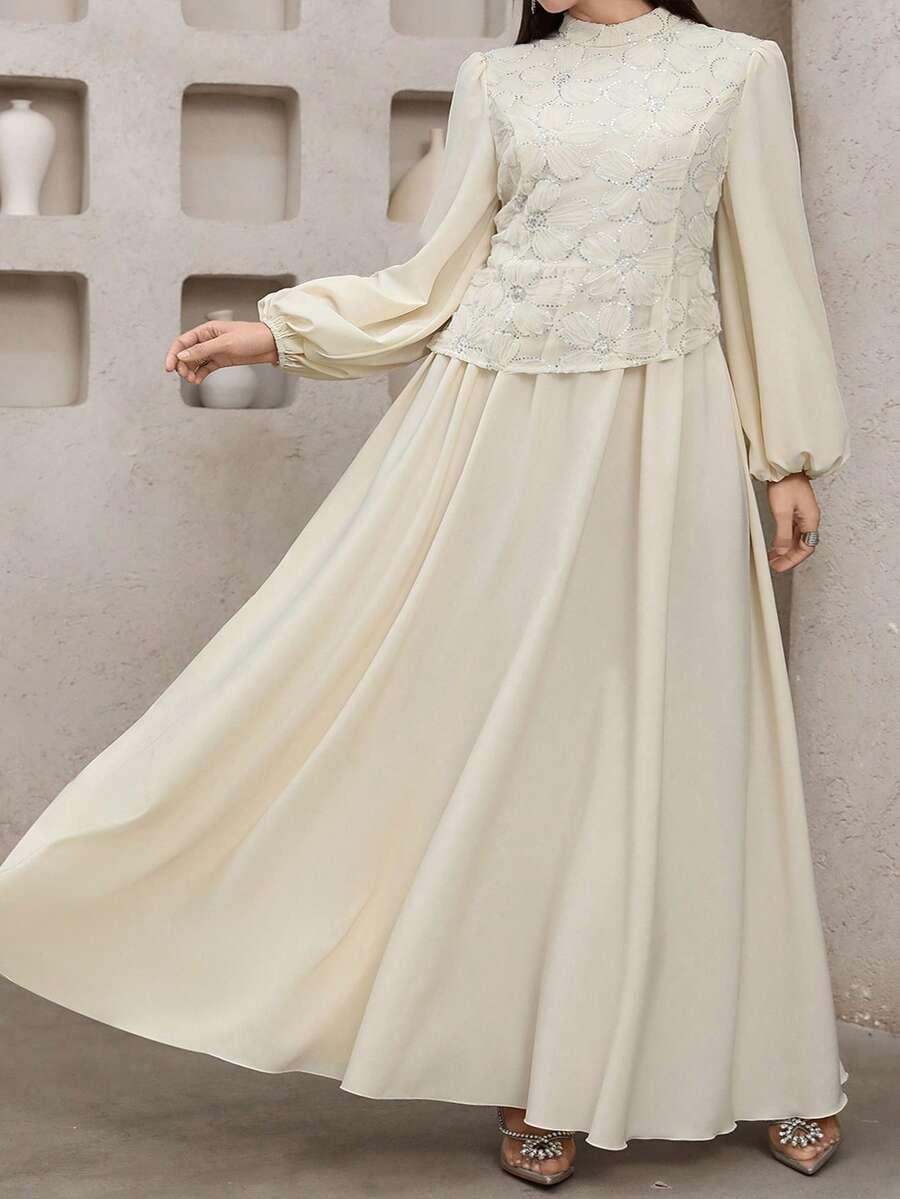 MODELYN BEŻOWA MAXI SUKIENKA ZDOBIENIE S06__46