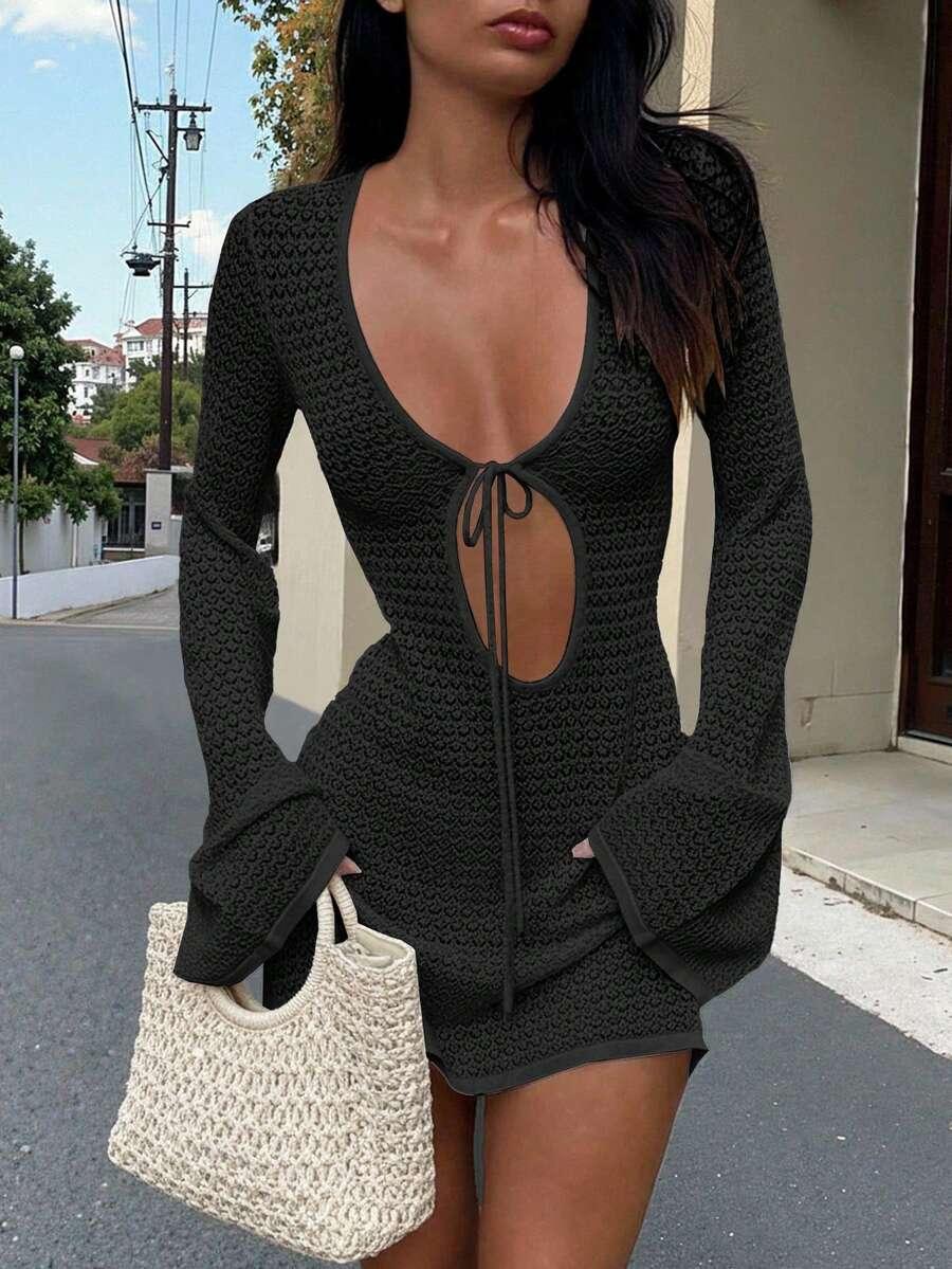 SHEIN DZIANINOWA CZARNA SUKIENKA WIĄZANIE S06__XS
