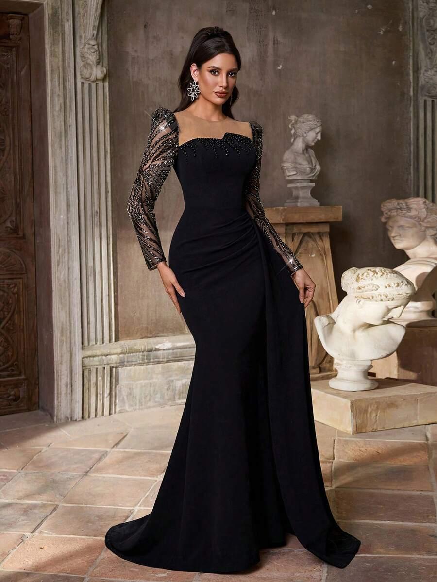 SHEIN CZARNA MAXI SUKIENKA ZDOBIENIE CEKINY S06__L