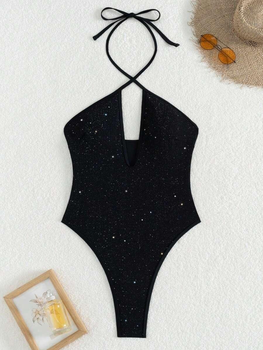 SWIM SXY CZARNY JEDNOCZĘŚCIOWY STRÓJ KĄPIELOWY POŁYSK WIĄZANIE PK01__M