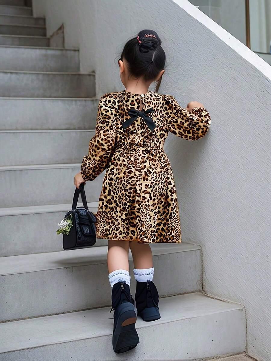 SHEIN SUKIENKA ANIMAL PRINT DŁUGI RĘKAW KOKARDKA PK01__98-104