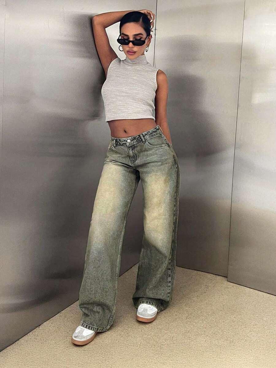 SHEIN SPODNIE JEANS SZEROKA NOGAWKA ZAMEK KIESZENIE S06__M