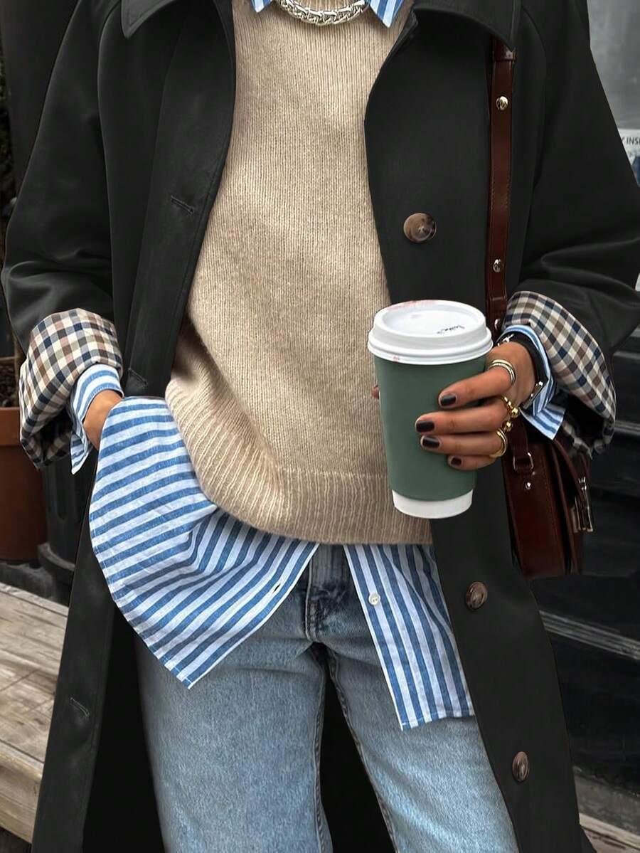 SHEIN CZARNY PŁASZCZ TRENCZ W01__L