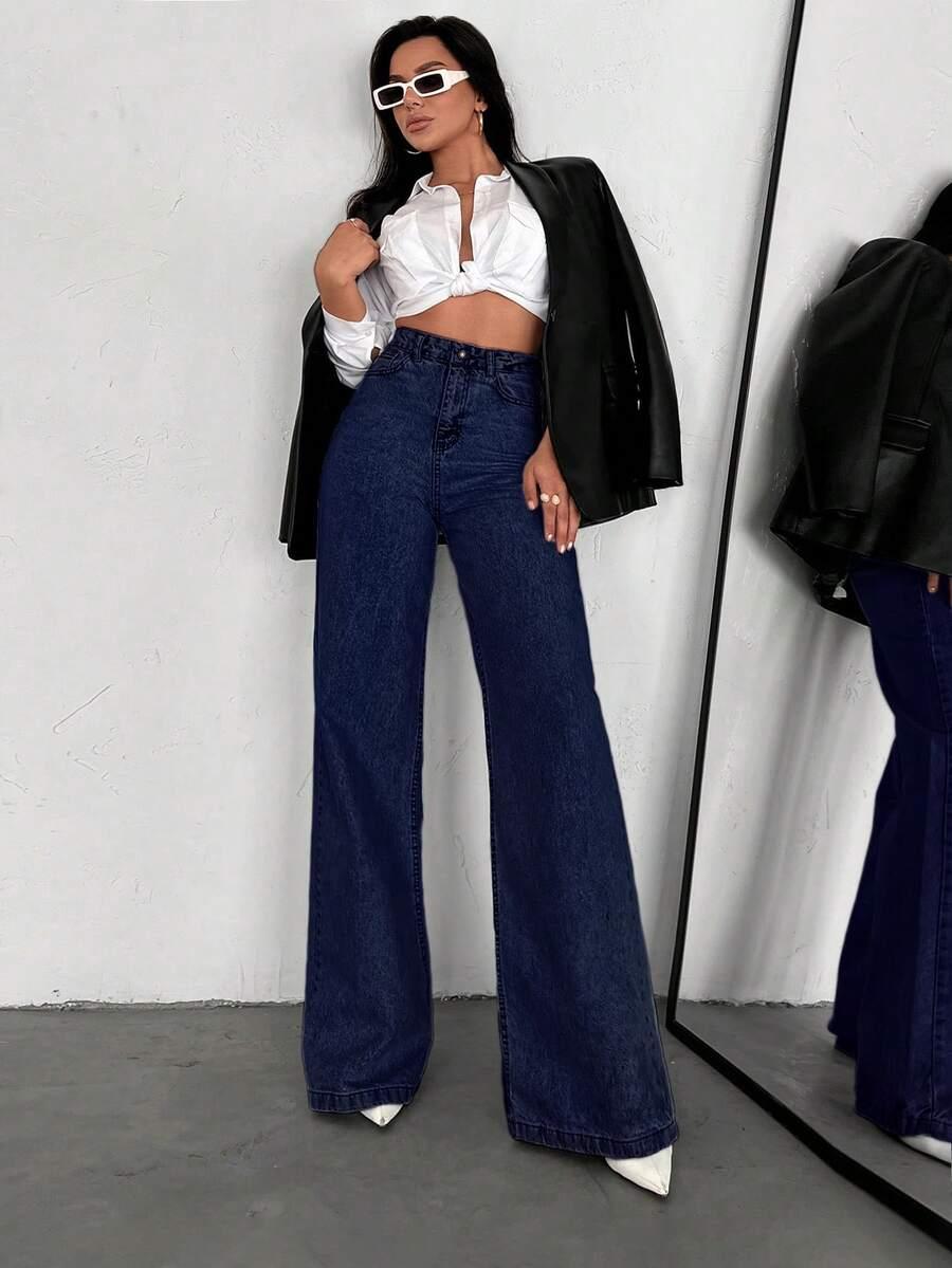 EURMUSE GRANATOWE SPODNIE JEANS PROSTA NOGAWKA WYSOKI STAN S06__XS