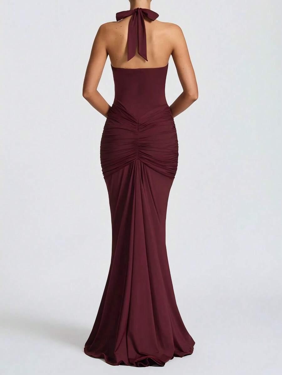 SHEIN BORDOWA MAXI SUKIENKA MARSZCZENIA ODKRYTE PLECY PK01__S