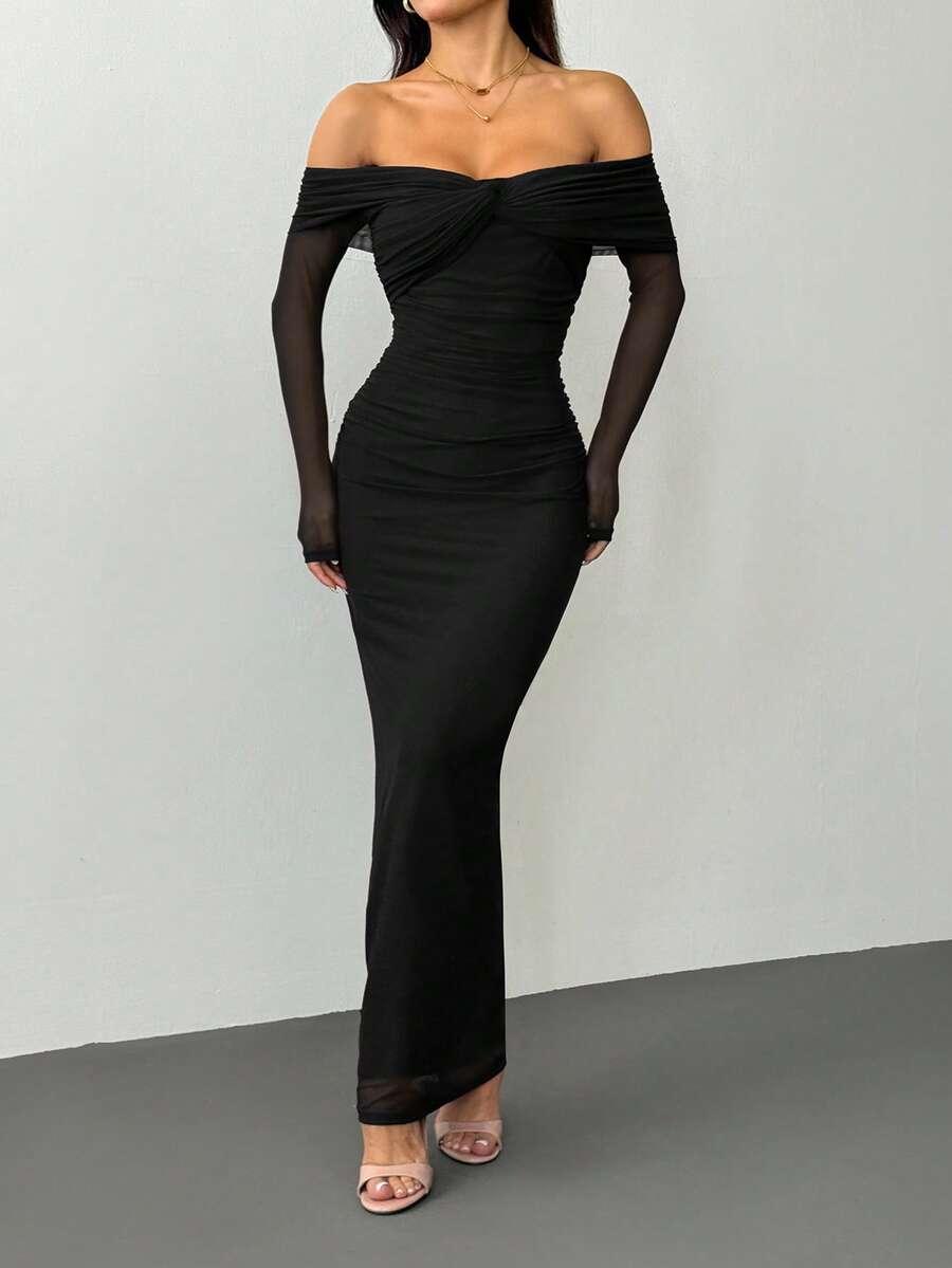 SHEIN CZARNA MAXI SUKIENKA ODKRYTE RAMIONA S06__S
