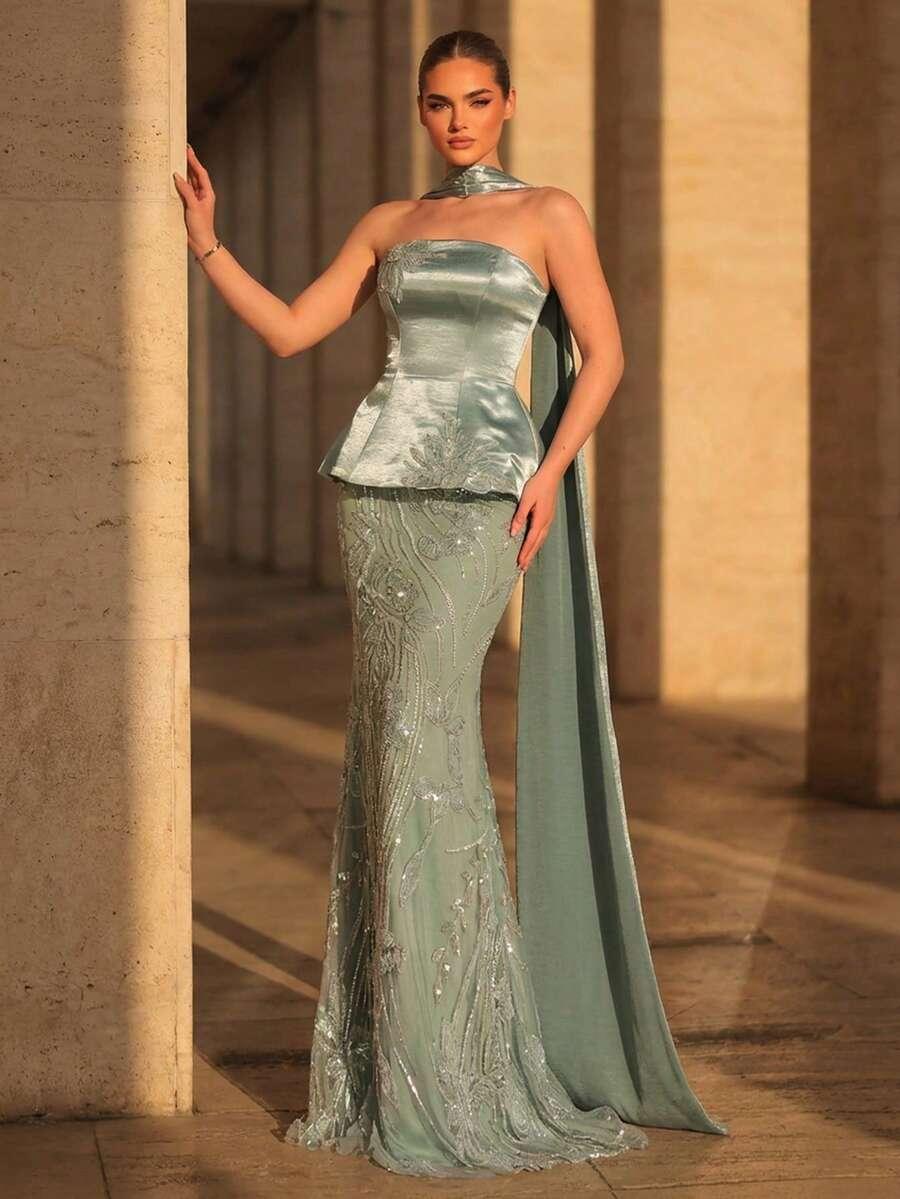 GLAMRAE ZIELONA GORSETOWA MAXI SUKIENKA ZDOBIENIA SZAL S06__M