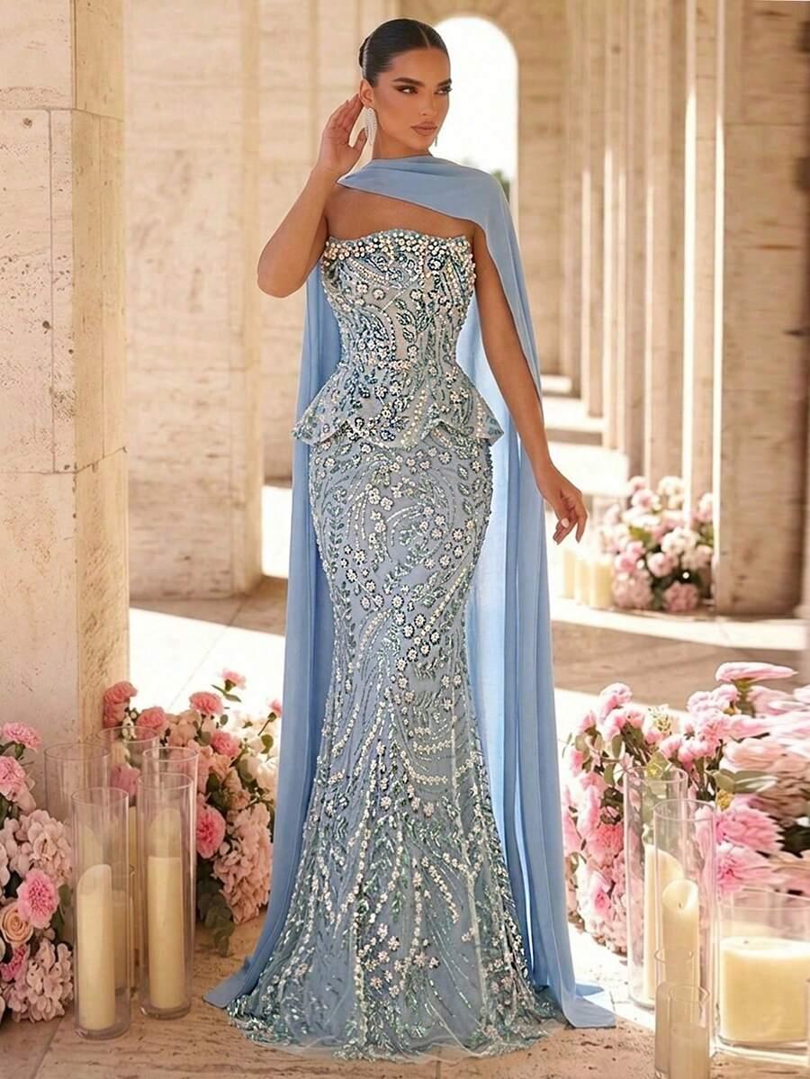 GLAMRAE NIEBIESKA MAXI SUKIENKA ZDOBIENIA S06__S