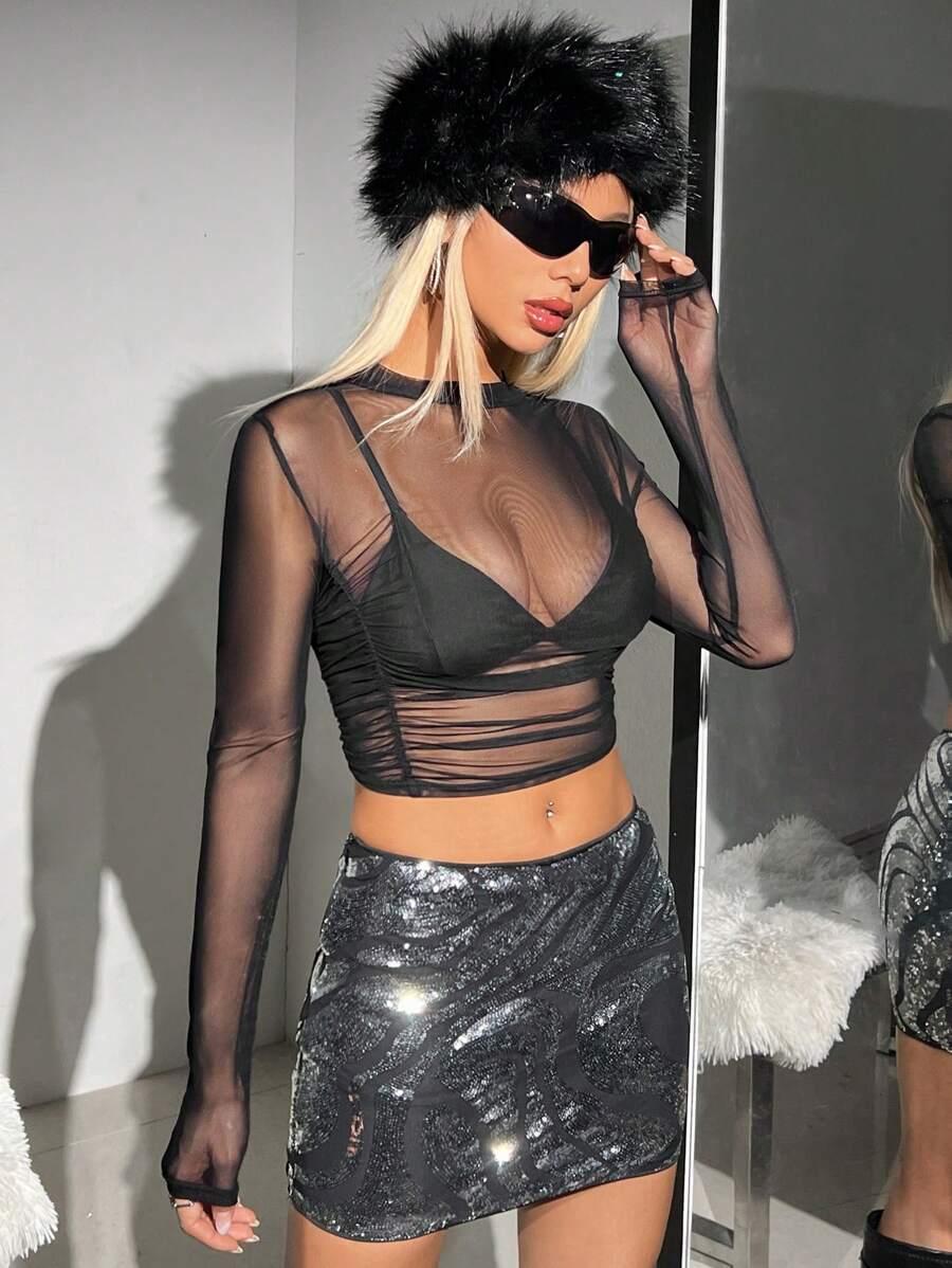 SHEIN CZARNY TOP Z DŁUGIM RĘKAWEM SIATECZKA S06__XXS