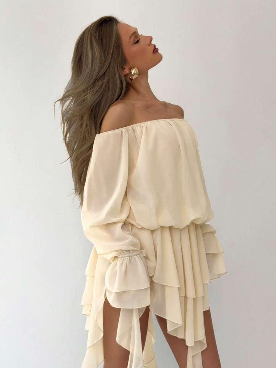 SHEIN BEŻOWA ASYMETRYCZNA MINI SUKIENKA DŁUGI RĘKAW S06__M