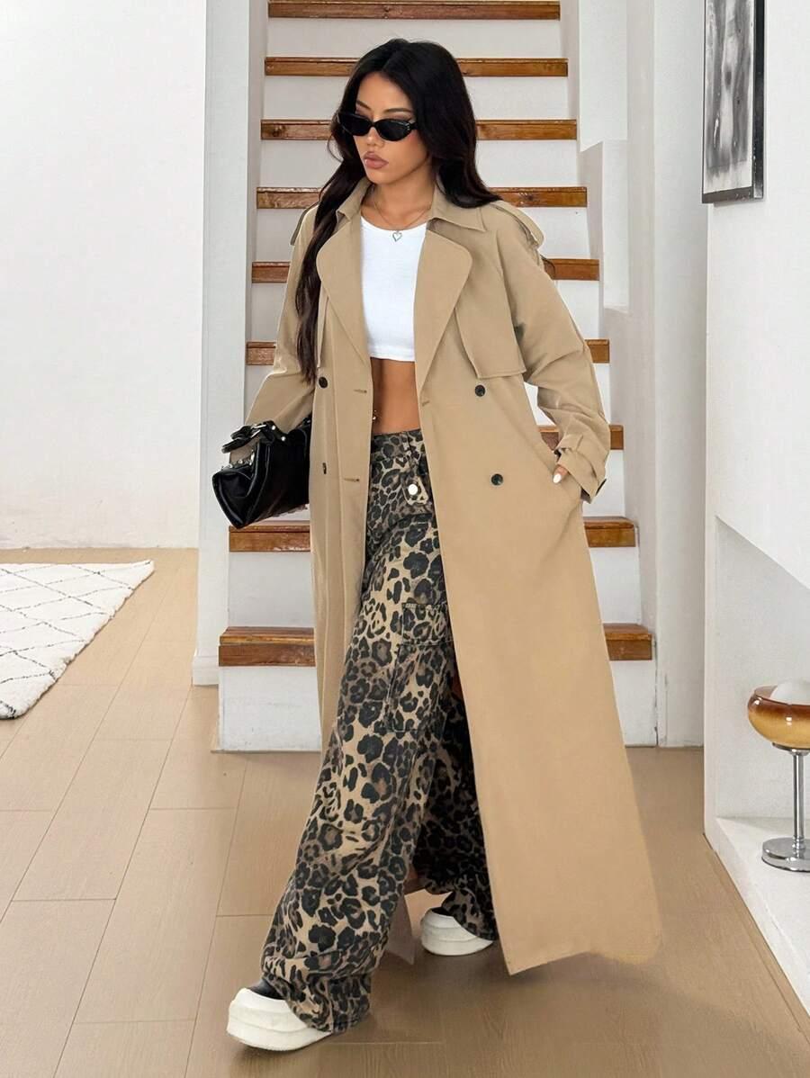 SHEIN BEŻOWY PŁASZCZ TRENCZ W01__L